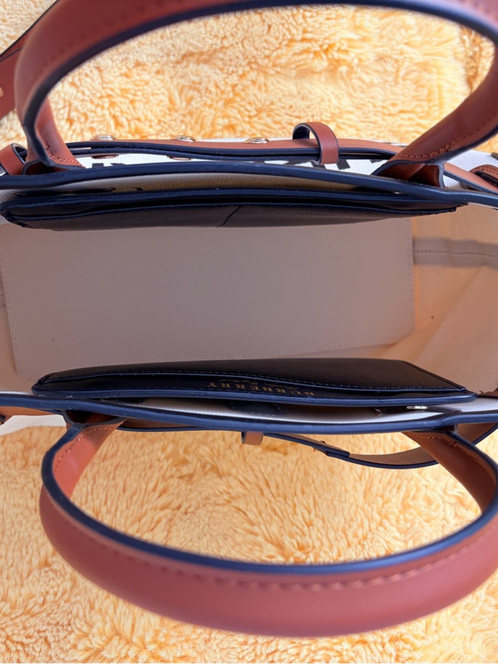 Burberry Cream Canvas Tote with Brown Leather Trim and Black Logo. - Picture 6 of 6